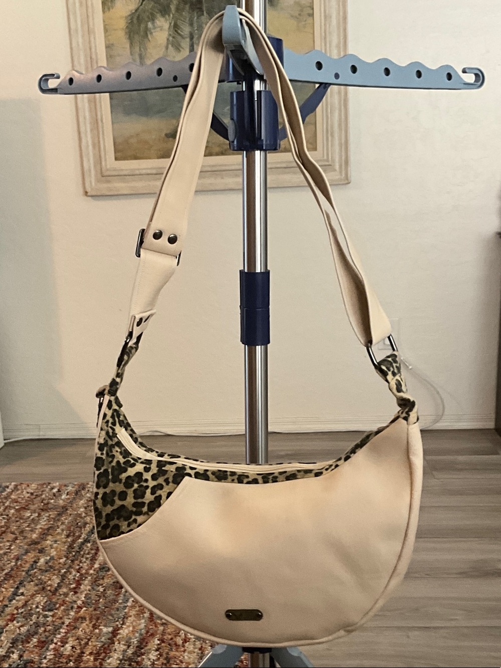 Beige Crescent Leather Shoulder Bag with Leopard Accent